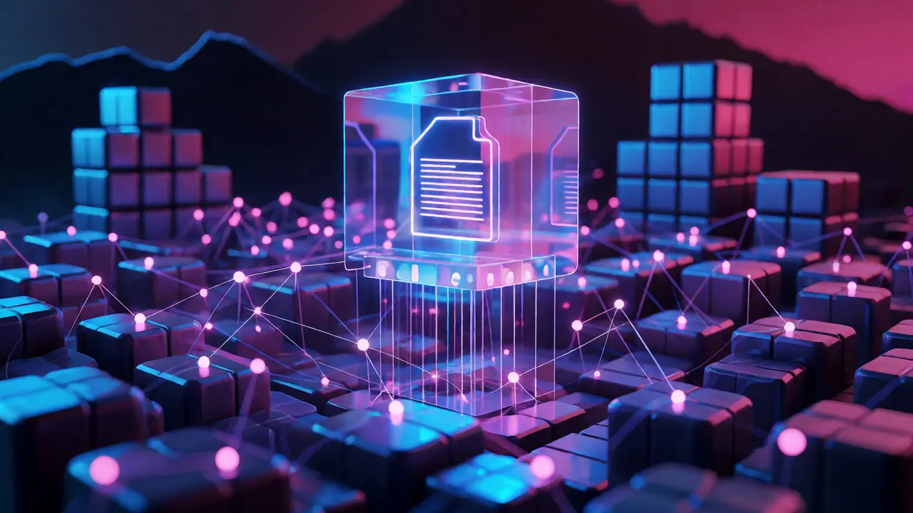 Render conceptual de almacenamiento descentralizado con nodos de red y bloques de cadena.
